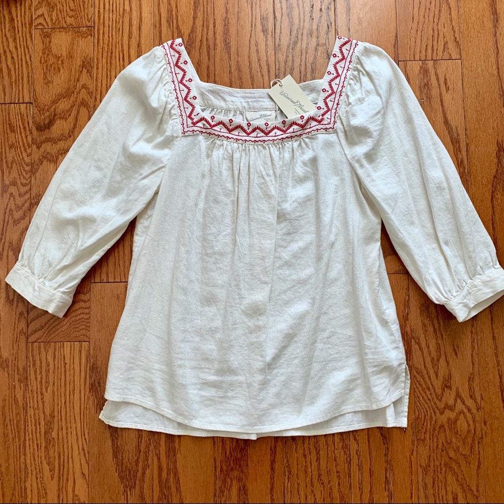 NWT Ivory Embroidered Square Neck Peasant Top